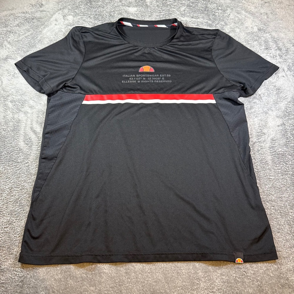 Ellesse Mens Black Performance T-Shirt Red White Stripe Italian Sportswear L